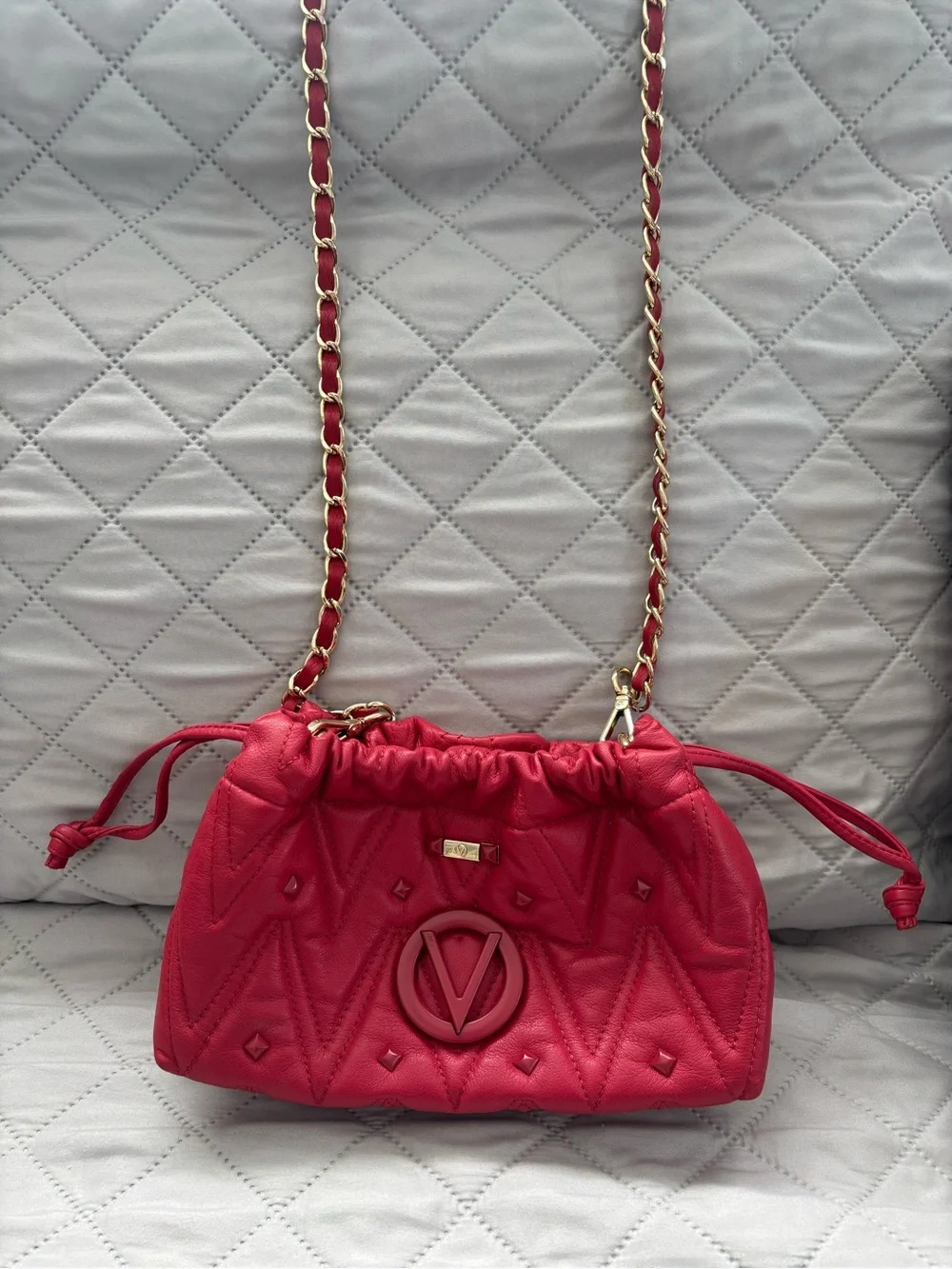 Valentino By Mario Valentino Quilted Red Crossbody with Gold Chain
